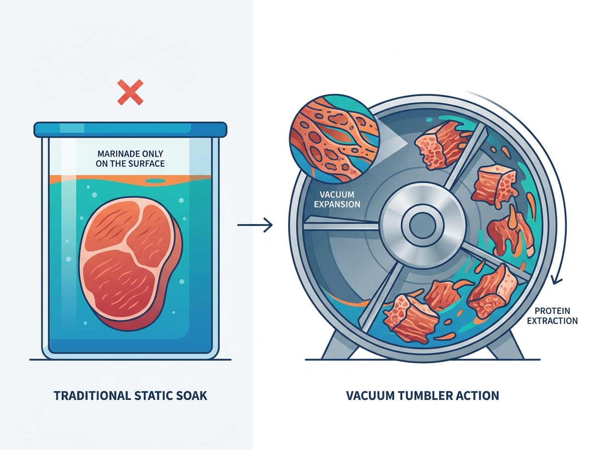 Vacuum meat tumbling machine inside a commercial food processing facility