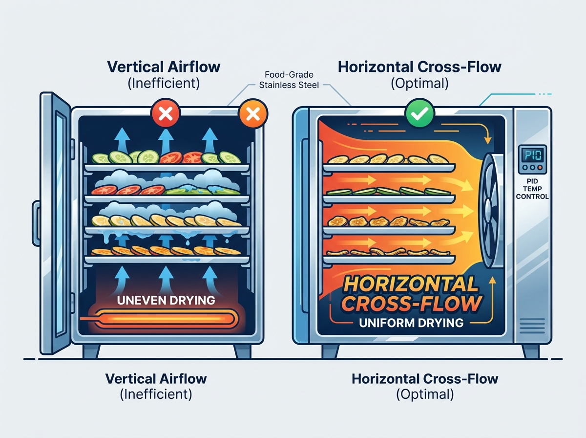 Commercial vegetable drying machine showing horizontal airflow design