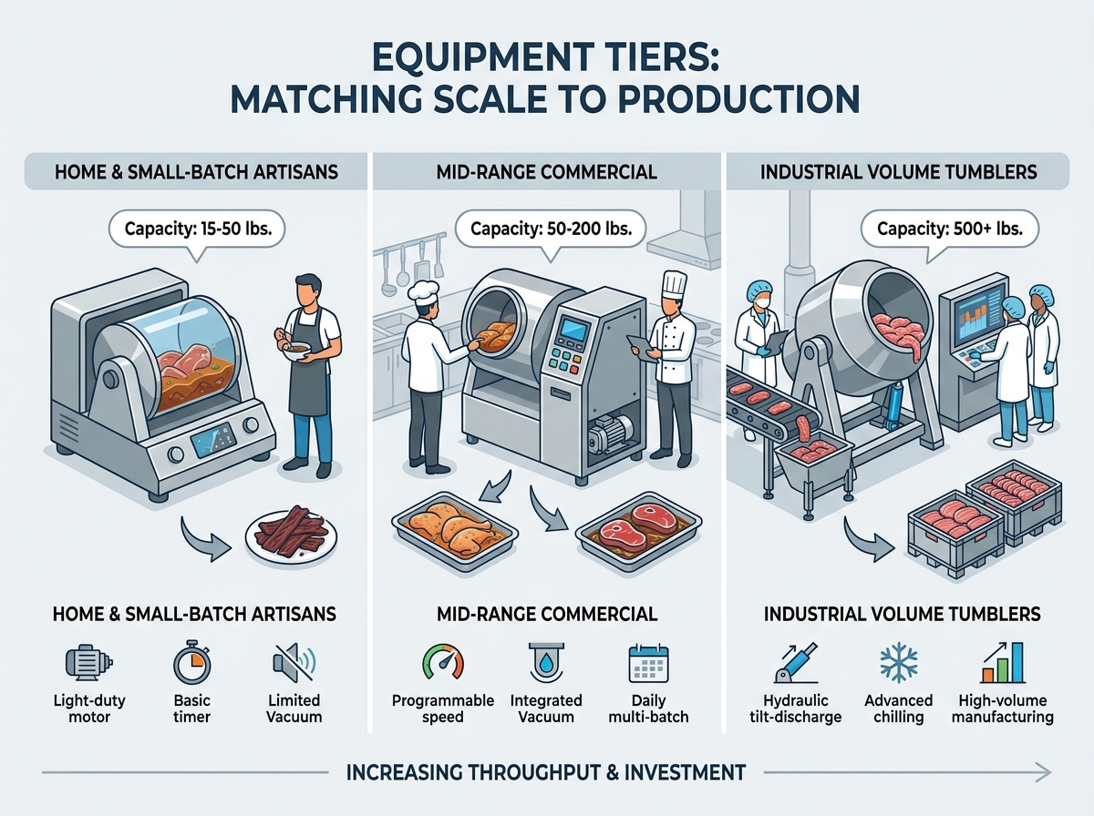 Commercial meat tumbling equipment in a processing facility