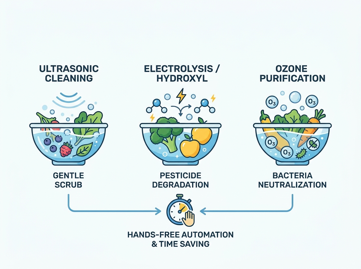 A modern vegetable cleaning machine processing fresh produce on a kitchen counter